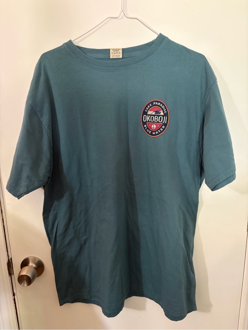 NWOT Men’s Blue 84 Large Okoboji Lake Paradise Teal Short-Sleeve T-Shirt Tote12